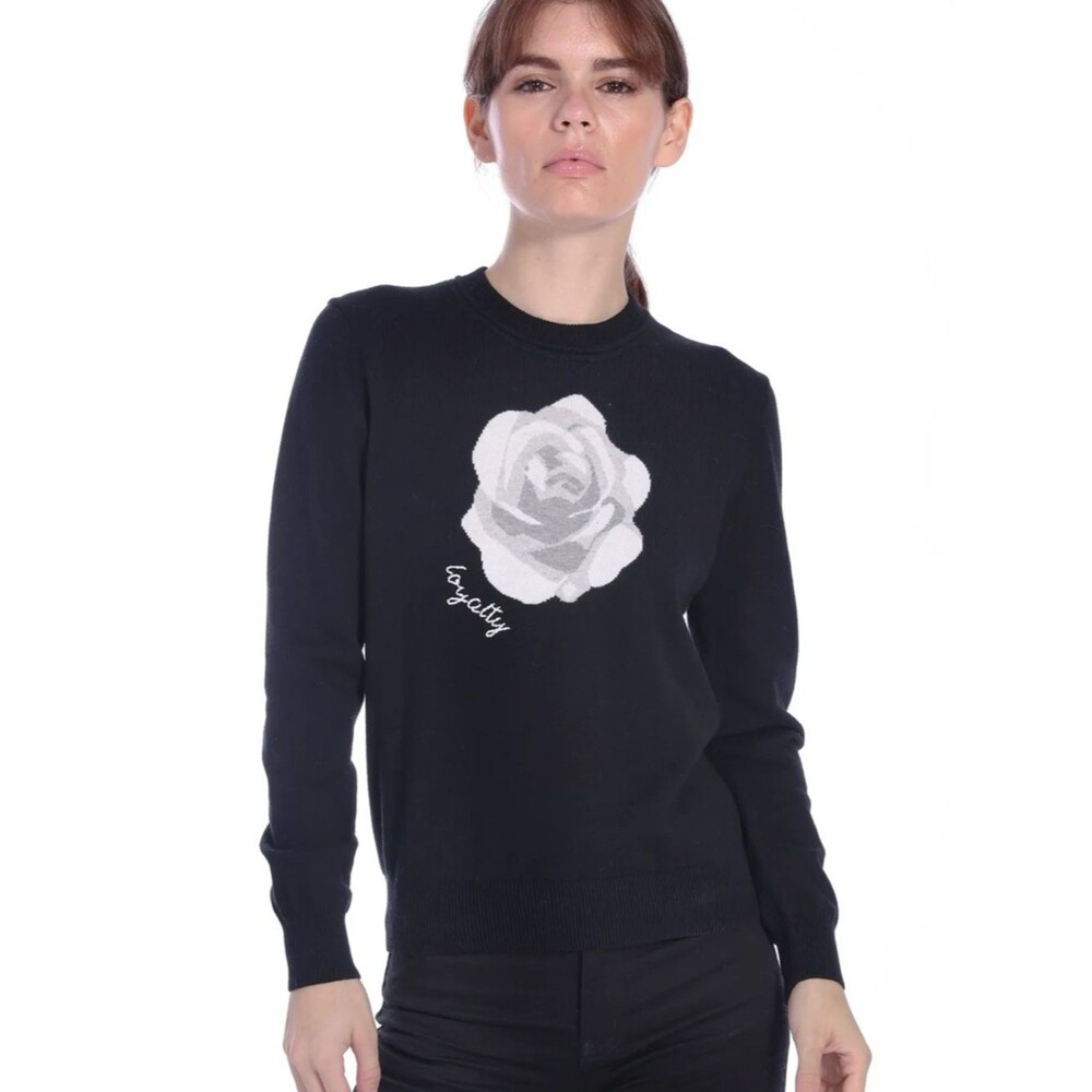 Minnie Rose Black Crewneck Sweater with White Rose Motif